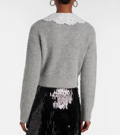 Self-portrait Embellished Lace-trimmed Cardigan In Gray