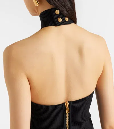 Balmain Cutout Ribbed-knit Gown In Black