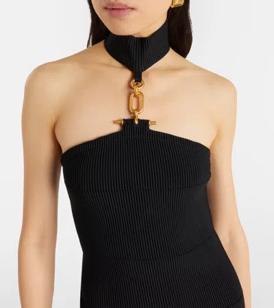 Balmain Cutout Ribbed-knit Gown In Black