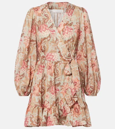 Zimmermann Daylight Mini Wrap Frill Dress Stamp Floral Sage In Brown