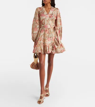 Zimmermann Daylight Mini Wrap Frill Dress Stamp Floral Sage In Brown