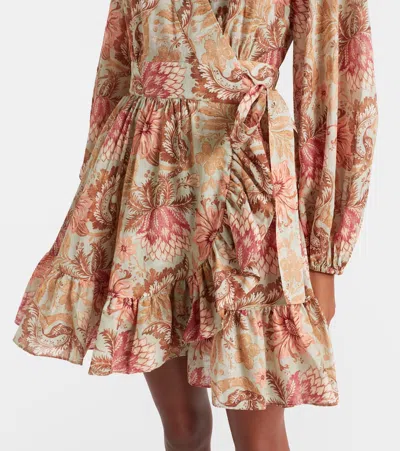 Zimmermann Daylight Mini Wrap Frill Dress Stamp Floral Sage In Brown
