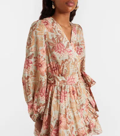 Zimmermann Daylight Mini Wrap Frill Dress Stamp Floral Sage In Brown