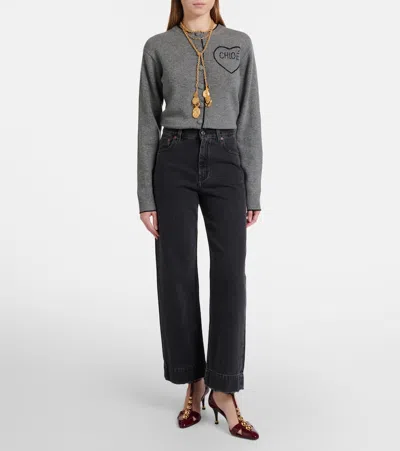 Chloé Wool And Cashmere Cardigan With Logo Knitwear Grey In Gray