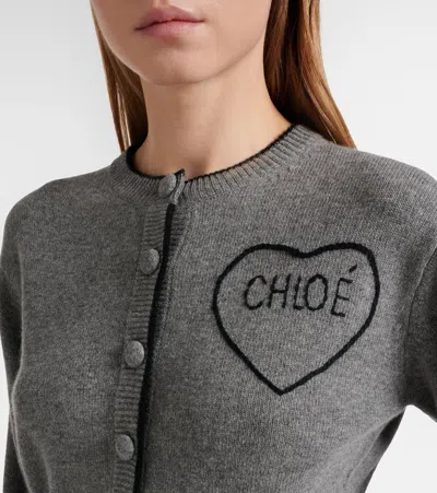 Chloé Wool And Cashmere Cardigan With Logo Knitwear Grey In Gray