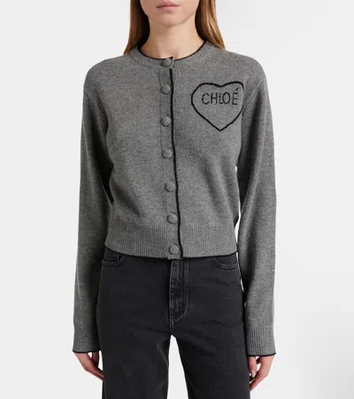Chloé Wool And Cashmere Cardigan With Logo Knitwear Grey In Gray
