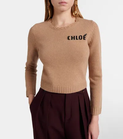 Chloé Logo Wool And Cashmere Sweater In Brown