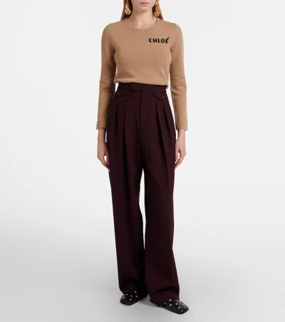 Chloé Logo Wool And Cashmere Sweater In Brown