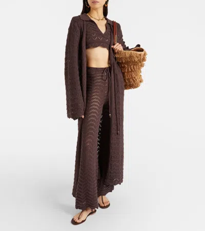 Bananhot Kim Open-knit Cotton-blend Flared Pants In Brown