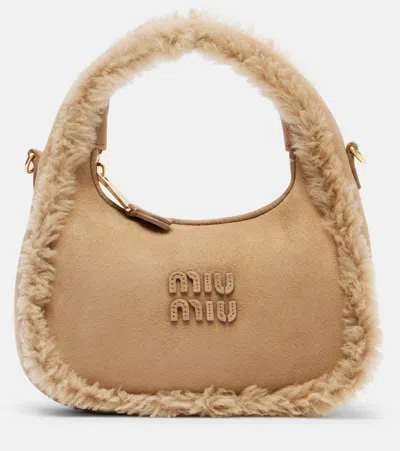 Miu Miu Wander Shearling-lined Suede Shoulder Bag In Brown