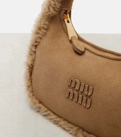 Miu Miu Wander Shearling-lined Suede Shoulder Bag In Brown