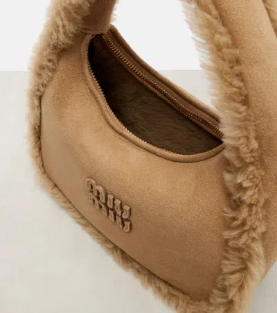Miu Miu Wander Shearling-lined Suede Shoulder Bag In Brown
