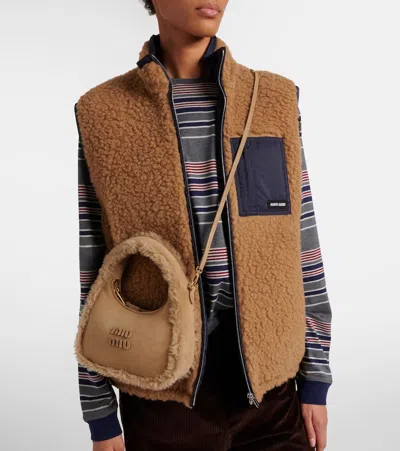 Miu Miu Wander Shearling-lined Suede Shoulder Bag In Brown