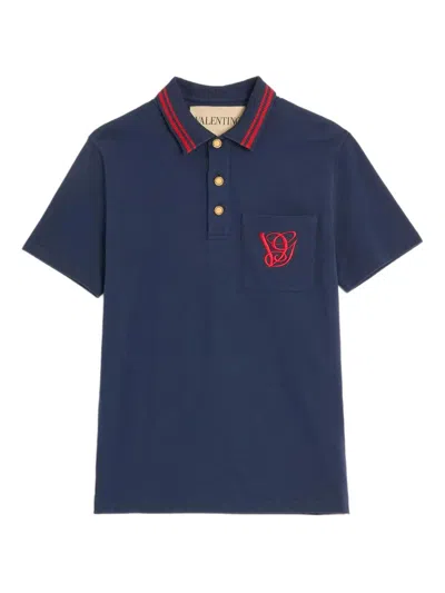 Valentino Cotton Piquet Polo With Vg Embroidery In Blue