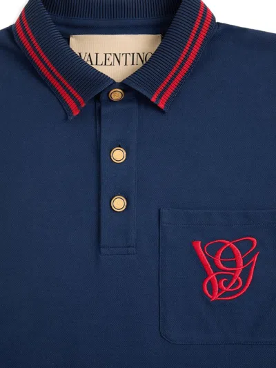 Valentino Cotton Piquet Polo With Vg Embroidery In Blue