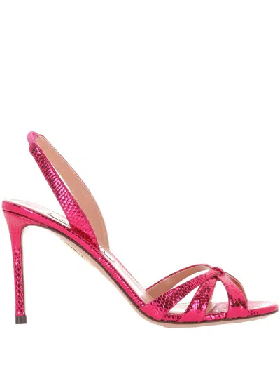 Aquazzura Tati 85 Metallic Snake-effect Leather Slingback Sandals In Pink