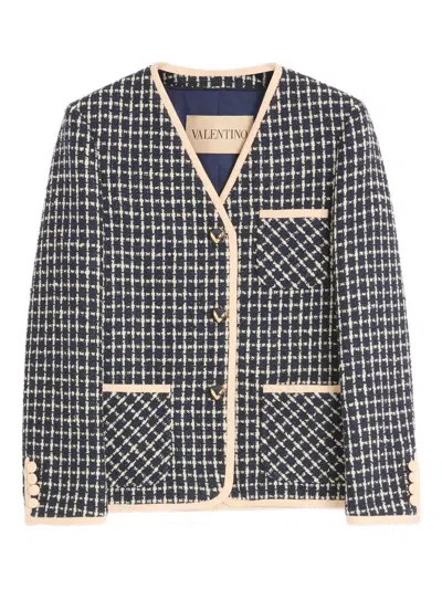 Valentino Boucle Wool Blend Jacket With Contrast Trim In Blue