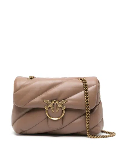 Pinko Quilted Sand Beige Calf Leather Shoulder Bag In Brown
