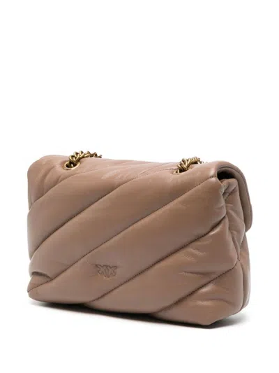 Pinko Quilted Sand Beige Calf Leather Shoulder Bag In Brown