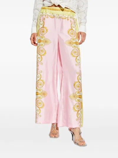 Versace Multicolor Trousers With Elastic Waist And All-over Geometric Print In Silk Woman In Multi