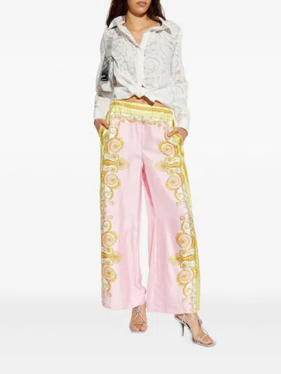 Versace Multicolor Trousers With Elastic Waist And All-over Geometric Print In Silk Woman In Multi