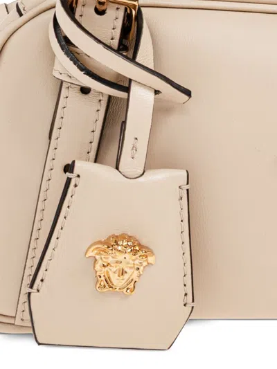 Versace Tag Bowling White Shoulder Bag With Metallic Logo Lettering And Medusa Head Pendant In Leather Woman In White