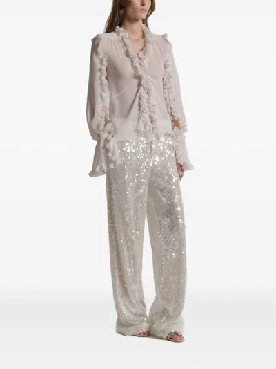 Alberta Ferretti Wide Leg Trousers Sequin Detail Pockets In Neutral