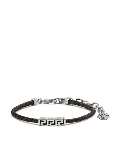 Versace Black Bracelet With Metal Plate And Pendant Detail In Leather Man In Black