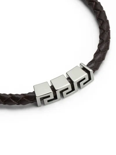 Versace Black Bracelet With Metal Plate And Pendant Detail In Leather Man In Black