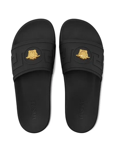 Versace Black Sandals With Medusa Plaque On The Front In Tech Fabric Man