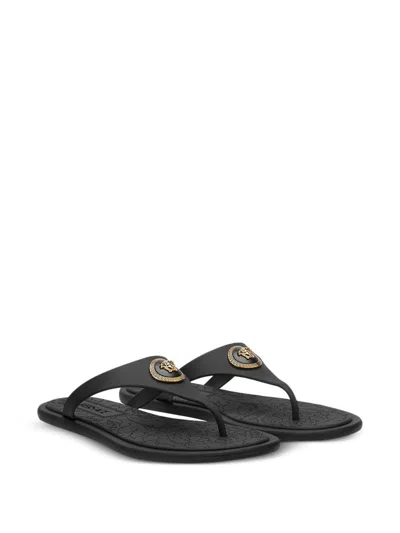 Versace Flat Sole Open Toe Sandals With Medusa Motif In Black