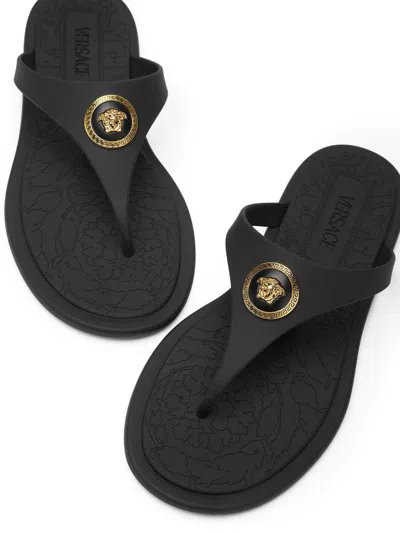 Versace Flat Sole Open Toe Sandals With Medusa Motif In Black