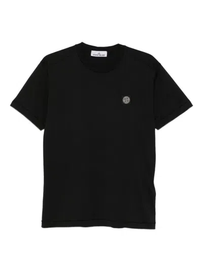 Stone Island Navy Blue Cotton T-shirt With Logo Patch In Black