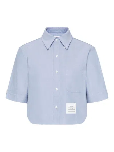 Thom Browne Cropped Cotton Shirt Boxy Fit Patch Pocket In Blue