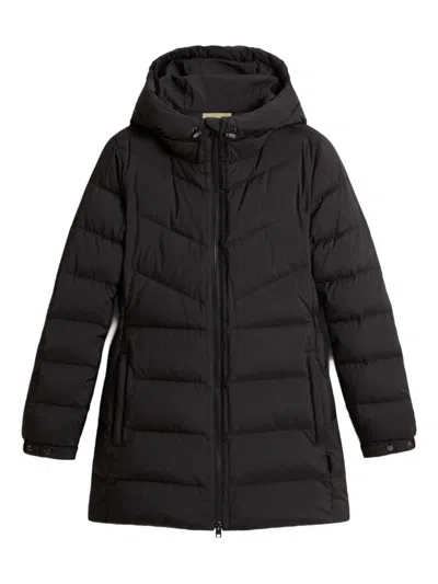 Woolrich Long Hooded Quilted Jacket Side Pockets In Black