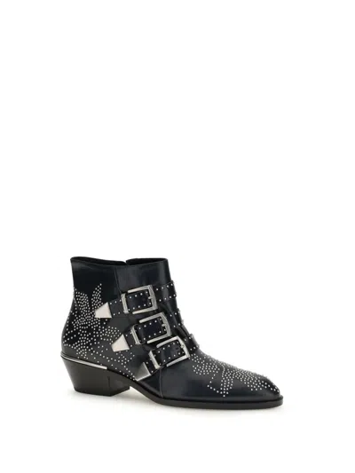 Chloé Black Calf Leather Bos Taurus Lace-up Boots In Animal Print