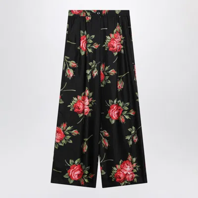 Dolce & Gabbana Wide Twill Trousers With Rose Bouquet Print In Black
