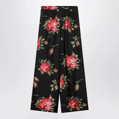 Dolce & Gabbana Wide Twill Trousers With Rose Bouquet Print In Black