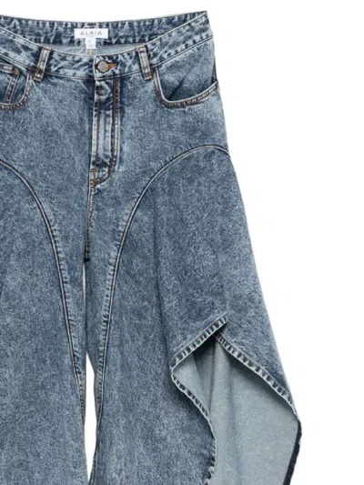 Alaïa Wide Leg Ruffle Hem Cotton Trousers In Blue