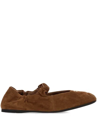 Miu Miu Suede Flat Ballerina Shoes With Ruched Detail In Brown