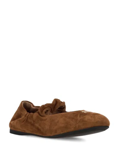 Miu Miu Suede Flat Ballerina Shoes With Ruched Detail In Brown