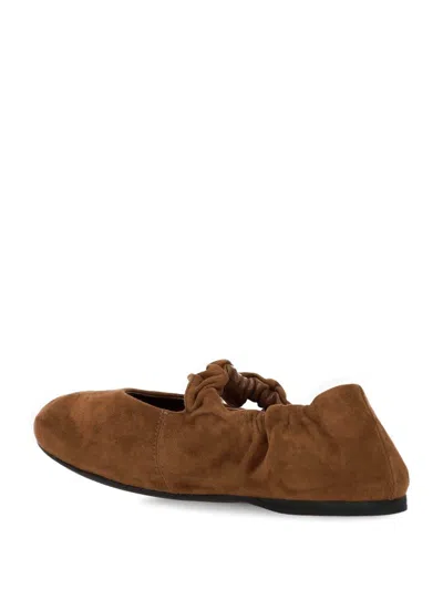 Miu Miu Suede Flat Ballerina Shoes With Ruched Detail In Brown