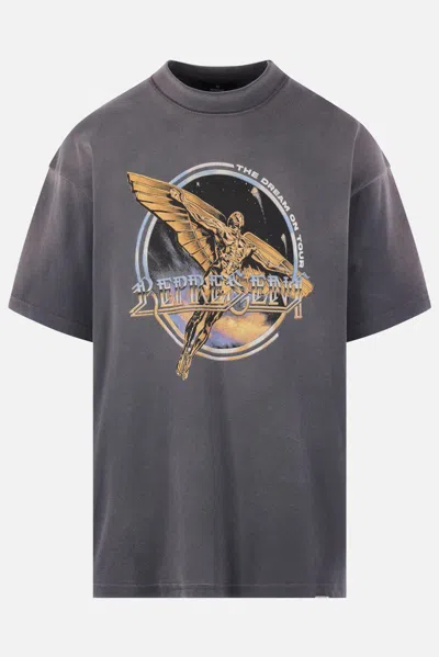 Represent Black Crew Neck T-shirt With Graphic Print On Front And Back And Faded Effect In Cotton Man In Gray