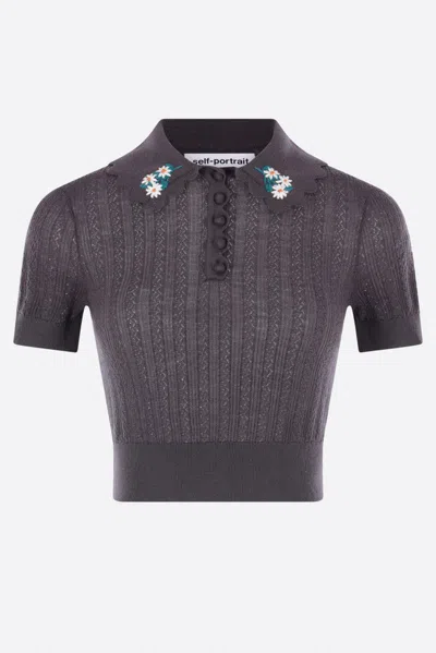 Self-portrait Embroidered Pointelle Knit Top In Gray
