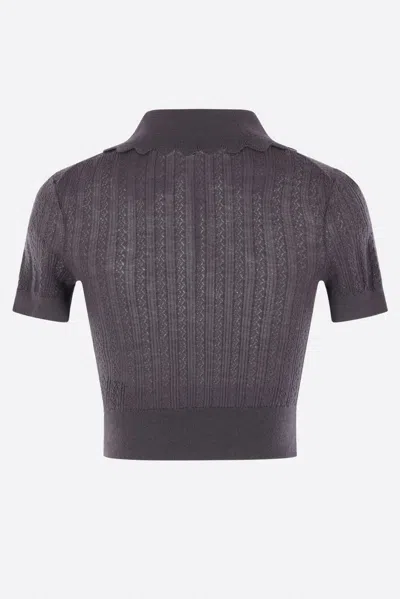 Self-portrait Embroidered Pointelle Knit Top In Gray