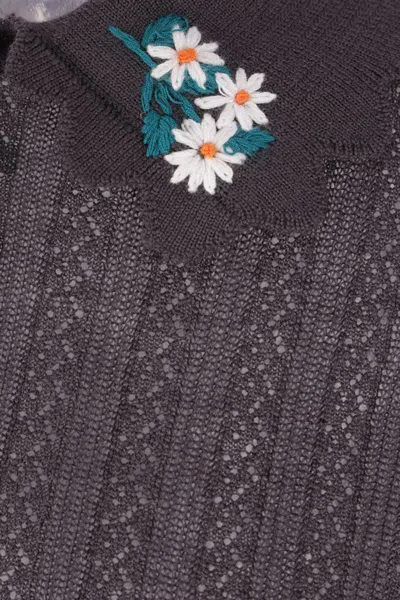 Self-portrait Embroidered Pointelle Knit Top In Gray