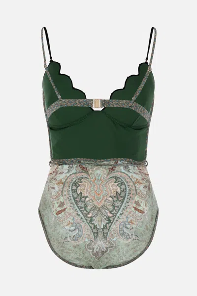 Zimmermann Wanderlust Belted Embellished Scalloped Printed Swimsuit In Green
