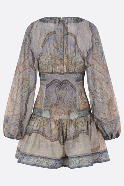 Zimmermann Wanderlust Multicolor Crewneck Mini Dress With Puffed Long Sleeves And All-over Print In Cotton And  In Multi