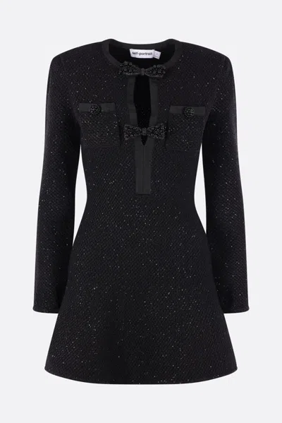 Self-portrait Bow-detail Sequined Knitted Minidress In Black