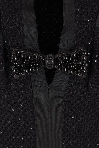 Self-portrait Bow-detail Sequined Knitted Minidress In Black